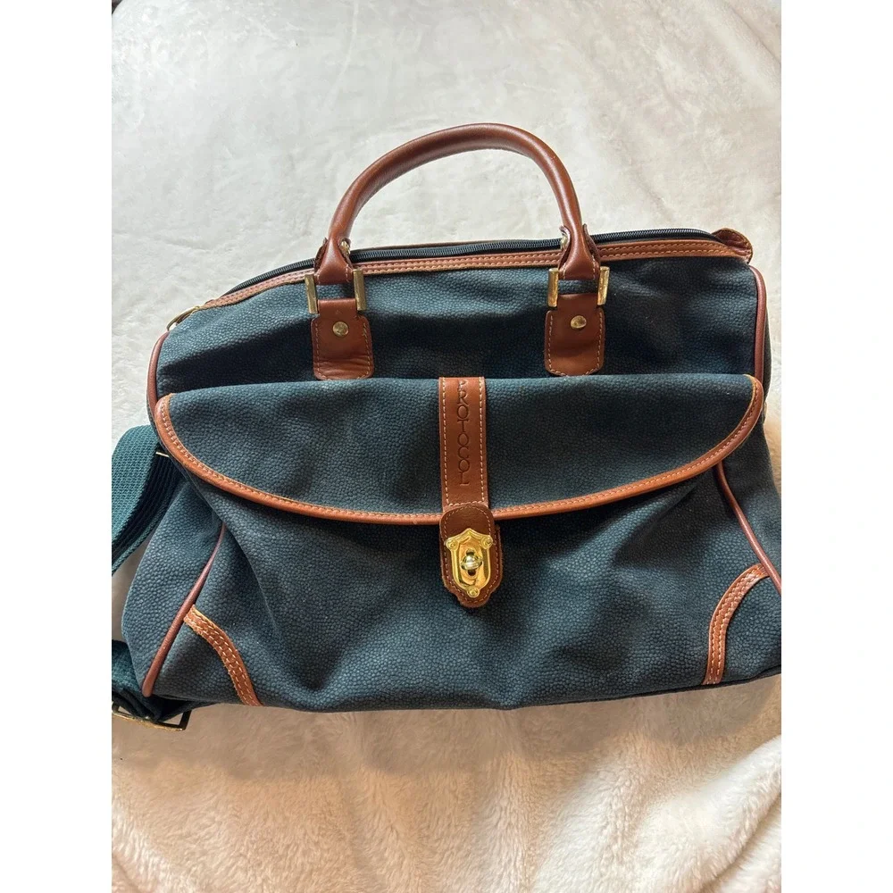 Protocol Vintage Duffel Bag Forest Green Brown Trim Travel Weekend Carry On Bag